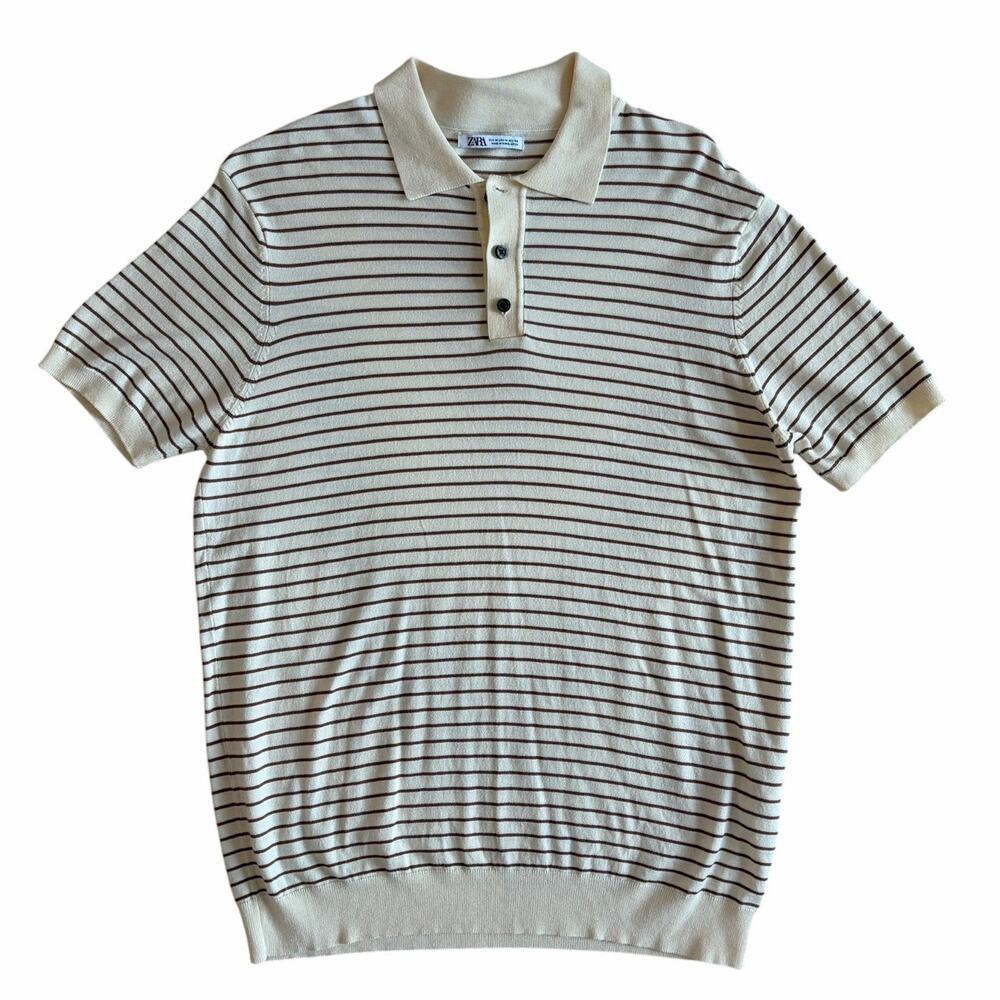 Zara Men's Short Sleeve Polo Shirt Cream & Brown Striped Knit Size M